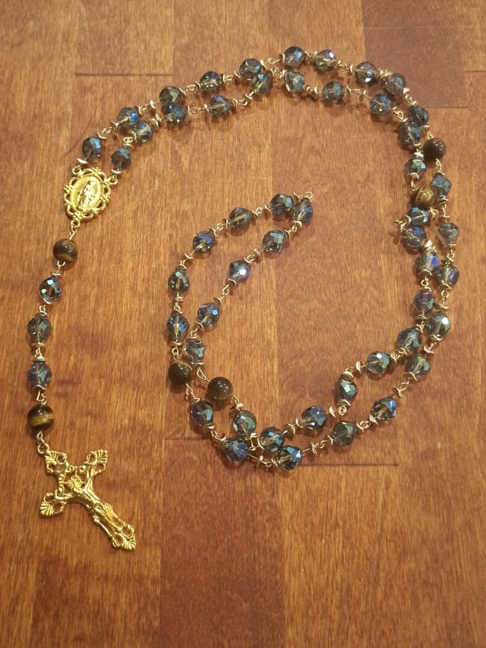 Gold Cross Rosary Necklace with Iridescent Blue Beads